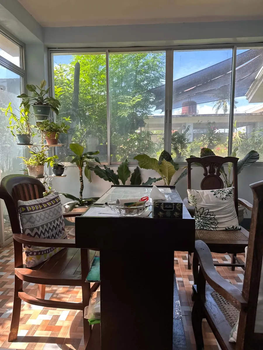 Consultation table and wooden chairs in front of a large window looking onto the garden